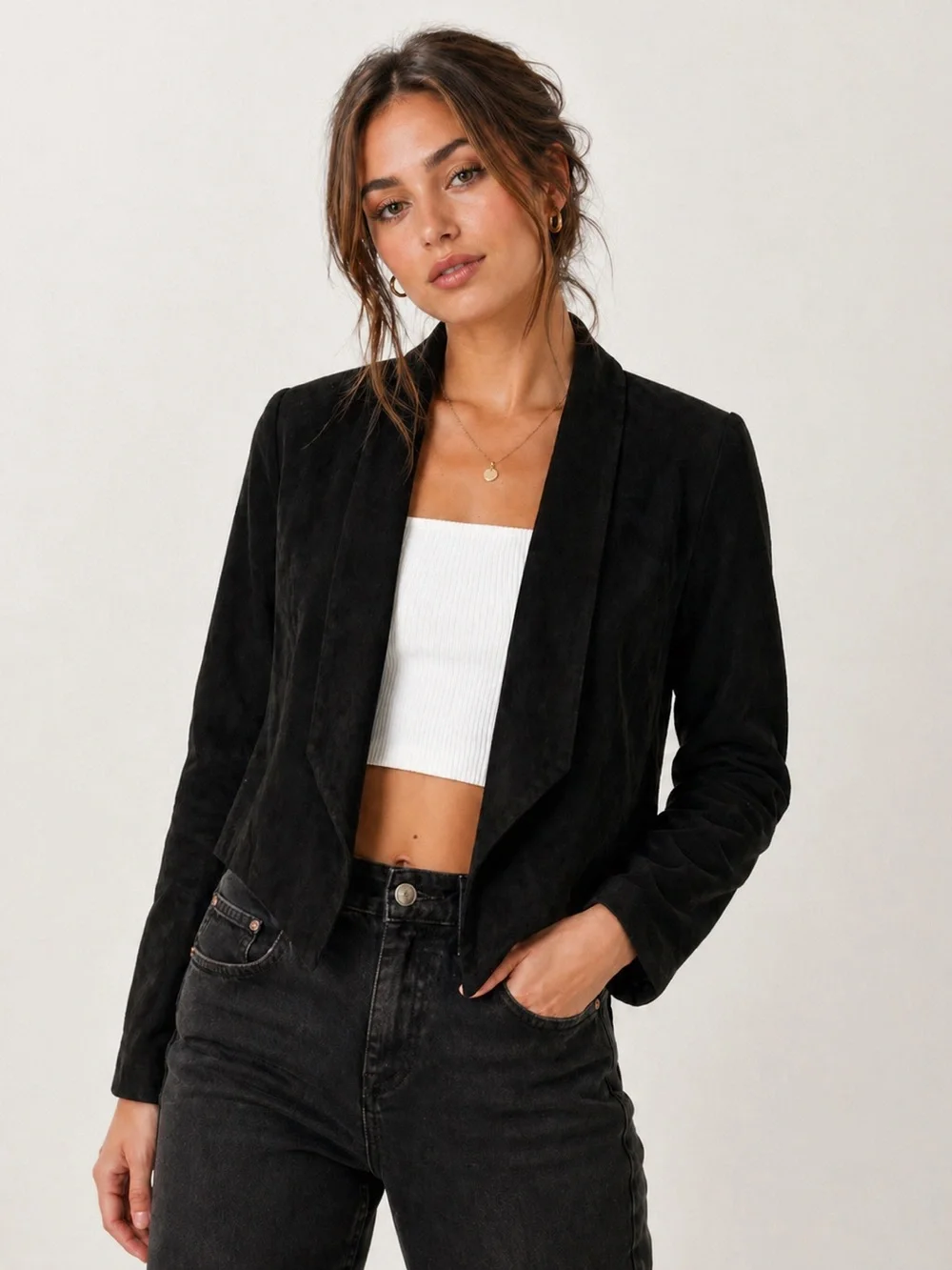 Sylvia Y‎ Mario Black Suede Open-Front Cropped Jacket Sz. M